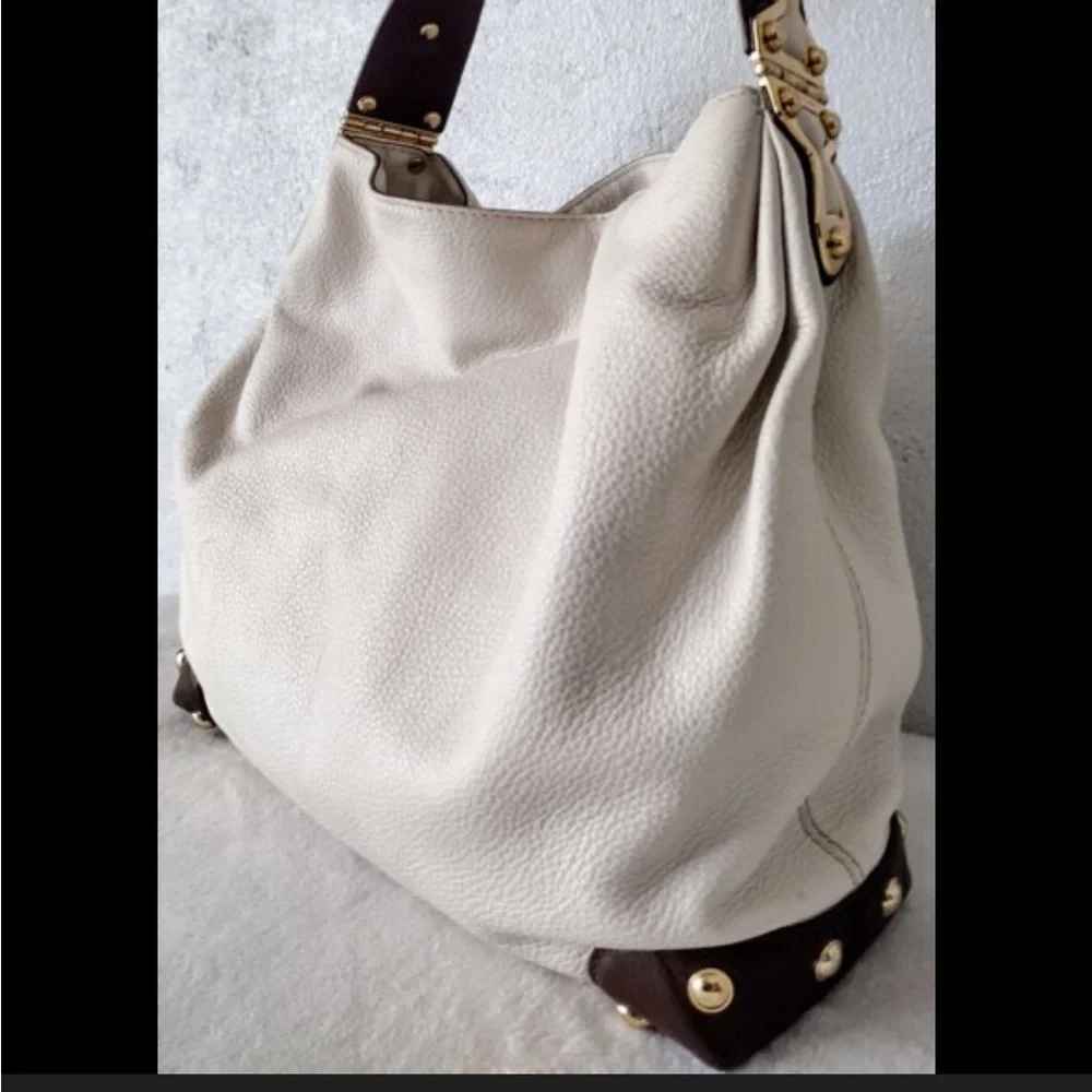MICHAEL Michael Kors Bedford Cream and Brown Hobo Bag Gold Hardware Soft Leather
